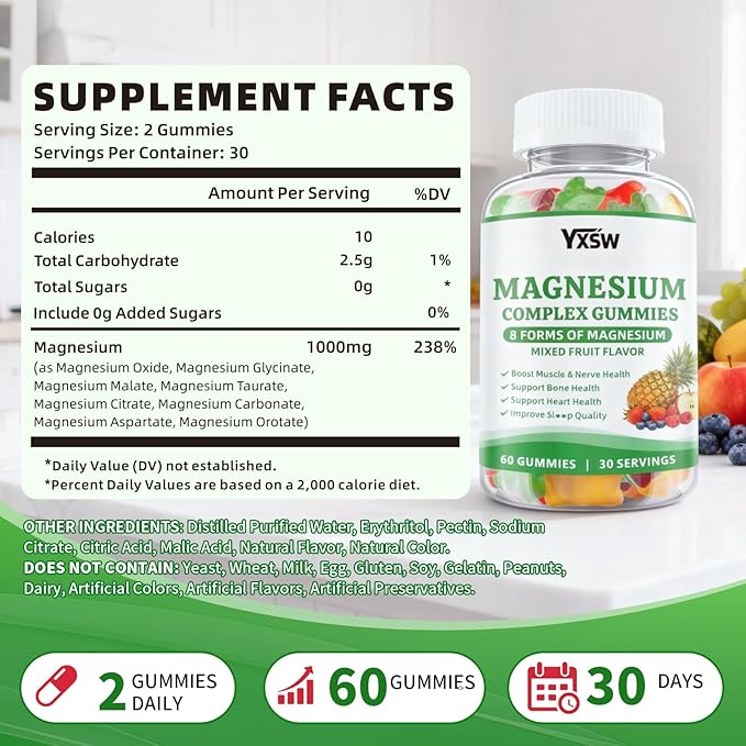 Magnesium Complex Gummies 8 Elemental 1000mg - Magnesium Glycinate, Citrate, Malate, Taurate, Supports Bones, Muscle, Nerve Health, for Women & Men, Vegan Non-GMO, Mixed Flavors, 60 Count