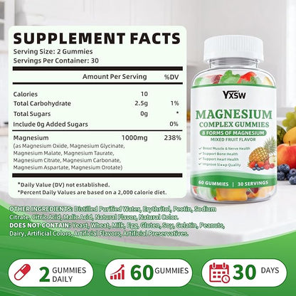 Magnesium Complex Gummies 8 Elemental 1000mg - Magnesium Glycinate, Citrate, Malate, Taurate, Supports Bones, Muscle, Nerve Health, for Women & Men, Vegan Non-GMO, Mixed Flavors, 60 Count