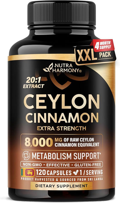 Ceylon Cinnamon Capsules - Extra Strength - Energy, Heart & Metabolism Support - for Men & Women - Pure Natural Extract 20:1 Supplement - Made in USA - GMO & Gluten Free, 120 Capsules, 4 Month Supply