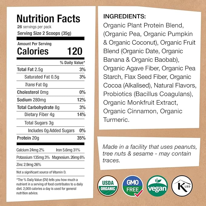 EarthChimp Organic Vegan Protein Powder - with Probiotics - Non GMO, Dairy Free, Non Whey, Plant Based Protein Powder for Women and Men, Gluten Free - 26 Servings 32 Oz (Vanilla) No Scoop