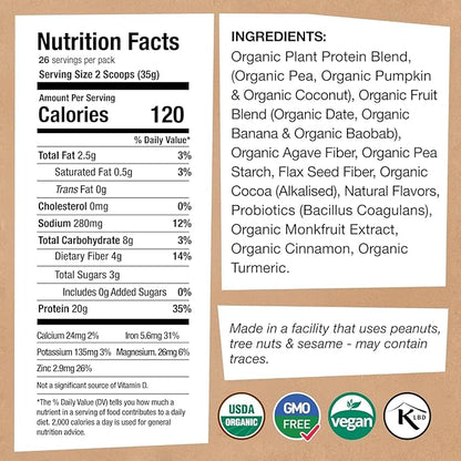 EarthChimp Organic Vegan Protein Powder - with Probiotics - Non GMO, Dairy Free, Non Whey, Plant Based Protein Powder for Women and Men, Gluten Free - 26 Servings 32 Oz (Vanilla) No Scoop