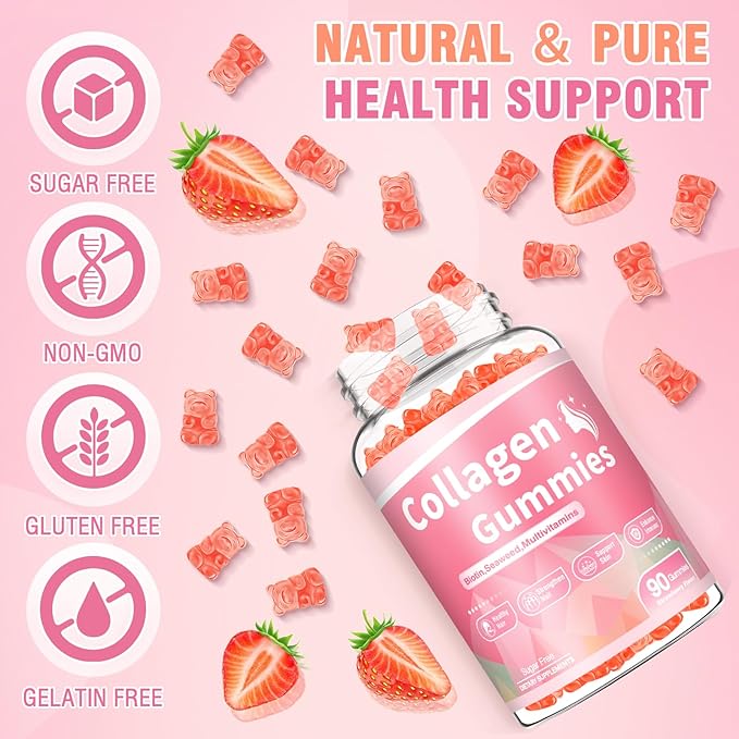 180 Count Collagen Gummies Collagen Protein Type I II III V X with Biotin Vitamin C A B D E Keratin Hyaluronic Acid for Hair Skin Nails Joint Immune Digestion Women Men Sugar Free Strawberry