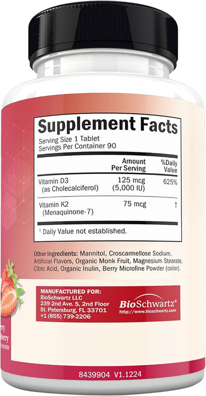BioSchwartz Bariatric D3 K2 Dissolvable Tablets - 90 Cherry-Strawberry Tablets - Supports Bone Strength - Bariatric Vitamins for Women with Vitamin D3 5000 IU - Third Party Tested, 90 Servings