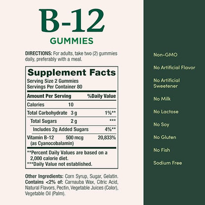 Nature's Bounty Vitamin B12 Gummies, Dietary Supplement, Supports Energy Metabolism and Nervous System Health, Mixed Berry Flavor, 500mcg, 160 Count