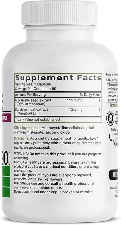 Bronson Milk Thistle Silymarin Marianum & Dandelion Extract Liver Health Support, Antioxidant Support, Detox, 90 Capsules