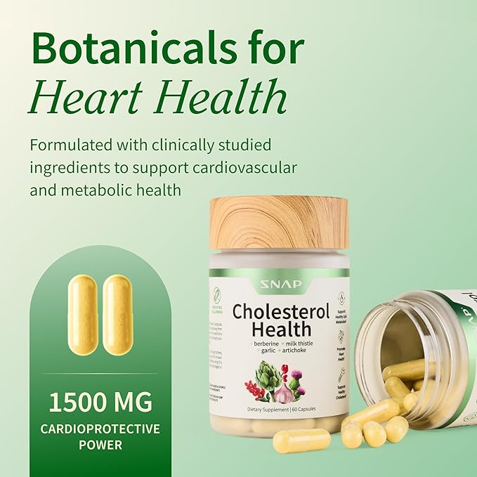Snap Supplements Cholesterol Health - Artichoke, Milk Thistle, Garlic, and Berberine Supplement with Beta Sitosterol (95% Plant Sterols) for Digestive and Metabolic Support, 60 Capsules (30 Servings)