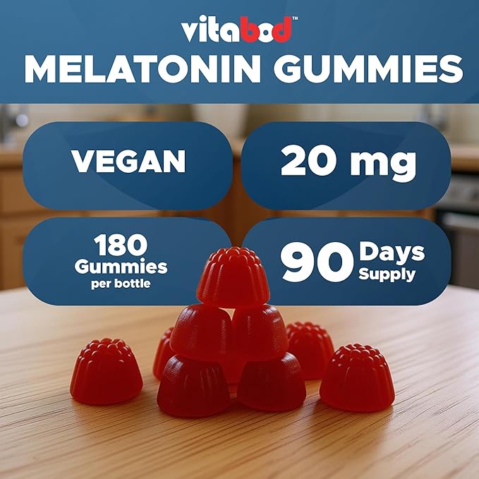 Vitabod Melatonin 20mg Gummies - 180 Count - Drug Free - Natural Strawberry Flavor - Vegetarian, Non-GMO, Gluten Free (3 Bottles)