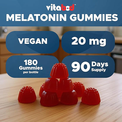 Vitabod Melatonin 20mg Gummies - 180 Count - Drug Free - Natural Strawberry Flavor - Vegetarian, Non-GMO, Gluten Free (3 Bottles)