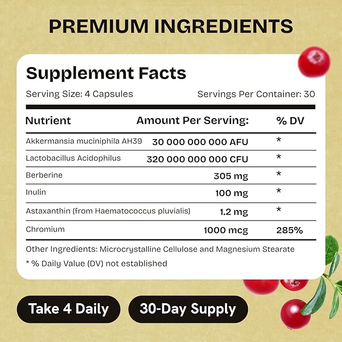 Akkermansia Muciniphila Probiotics 320 Billion CFU| Probiotic and Prebiotic | Akkermansia Probiotics for gut health | Inulin Prebiotic Fiber Capsules Astaxanthin & Berberine & Chromium | 120 capsules