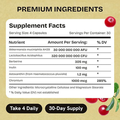 Akkermansia Muciniphila Probiotics 320 Billion CFU| Probiotic and Prebiotic | Akkermansia Probiotics for gut health | Inulin Prebiotic Fiber Capsules Astaxanthin & Berberine & Chromium | 120 capsules