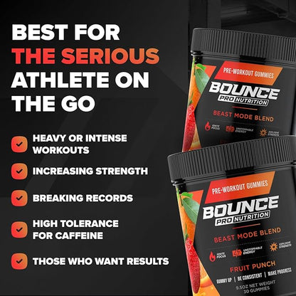 Bounce Pro Beast Mode Pre Workout Gummies with Caffeine, Beta-Alanine & L-Tyrosine for Energy, Focus & Training Intensity (50 Count (Pack of 1), Fruit Punch)