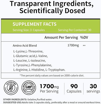 Amino Acid, Supports Muscle Recovery and Lean Muscle Growth, Enhances Energy and Endurance, Contains Essential Amino Acids and BCAAs, 90 Capsules (1 Bottle)
