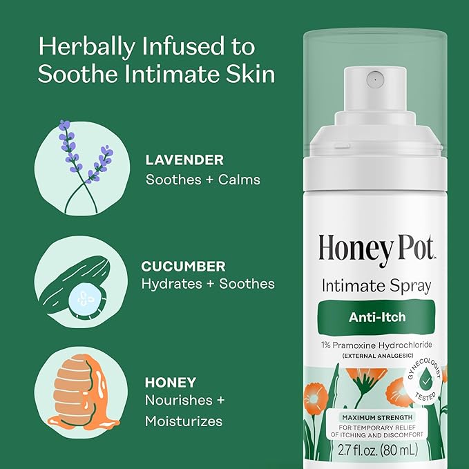 The Honey Pot Company - Feminine Anti-Itch Spray - At Home or On the Go Medicated to Relieve Itch and Irritation. Maximum Strength - 2.71 fl. Oz.