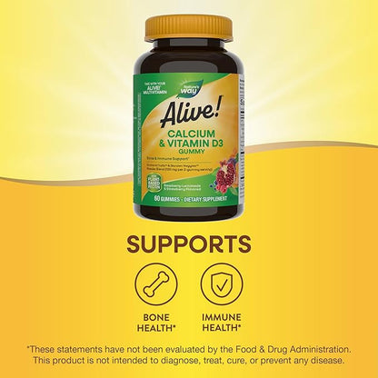 Nature’s Way Alive! Chewable Calcium Gummies with Vitamin D3, Daily Supplement Supports Healthy Bones and Teeth, and Muscle Function*, Strawberry and Raspberry-Lemonade Flavored, 60 Gummies