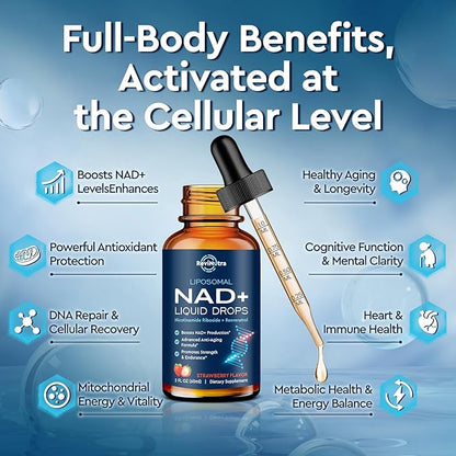 Liposomal NAD+ Liquid Supplement, Nad Resveratrol Supplement for Women & Men, Nicotinamide Riboside with PQQ, CoQ10, Quercetin for Anti-Aging, Brain, Cellular Energy Health, Strawberry Flavor, 2 Fl Oz
