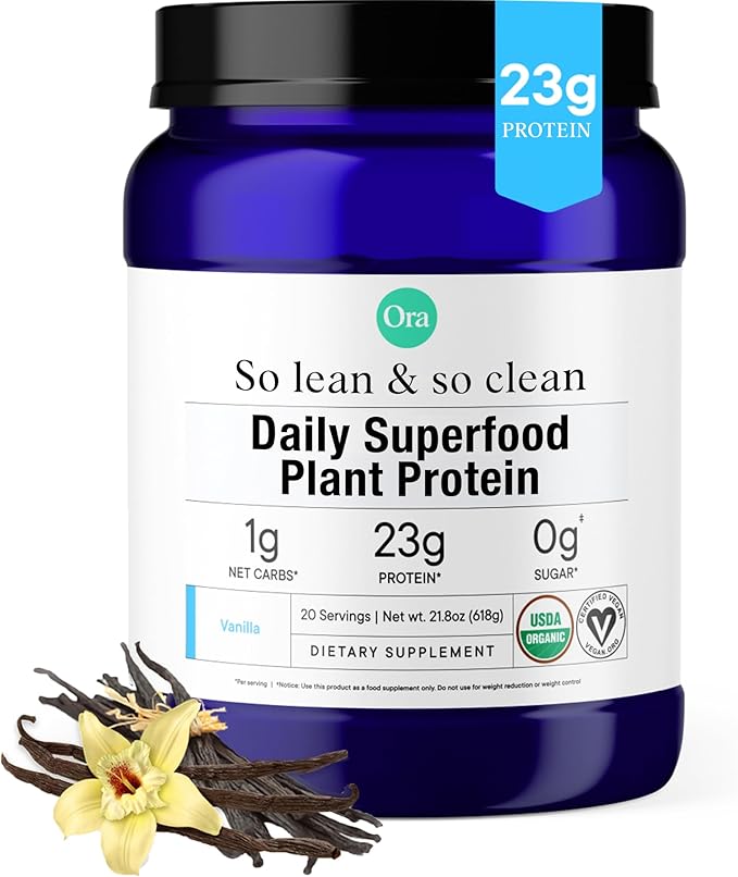Ora Organic Plant-Based Protein Powder - 23g Protein for Women and Men - Vanilla Flavor 20 Servings, Vegan, Clean Protein, Third-Party Tested, Gluten-Free - 20 Servings