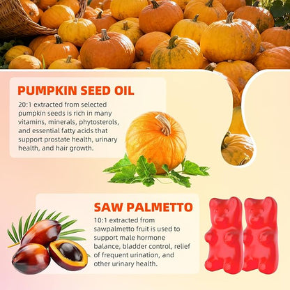 Pumpkin Seed Oil Gummies with Saw Palmetto, Organic Pumpkin Seed Oil Supplement for Hair Growth & Skin Health, Prostate Health, High Pure Extract for Women Men, Strawberry Flavor, 60 Count