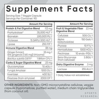 Sports Research Digestive Enzymes with Probiotics & Ginger - Plant Based for Dairy, Protein, Sugar & Carbs - Non-GMO Verified & Vegan Friendly (90 Veggie Capsules)