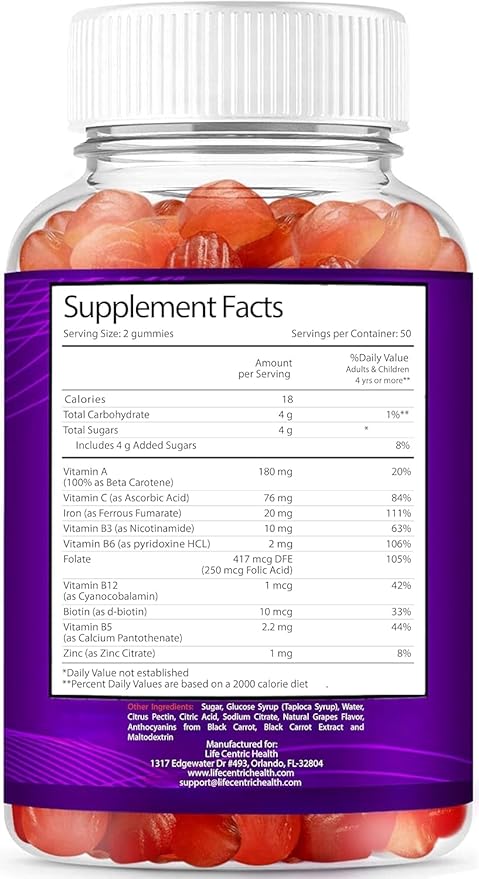 LifeCentricHealth Iron Gummies | Biotin Zinc Vitamin B Folic Acid Gummies | Vegan Gluten Free for Women & Men