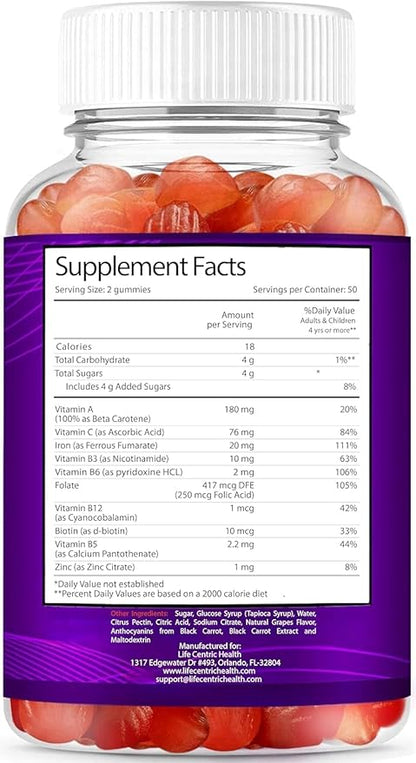 LifeCentricHealth Iron Gummies | Biotin Zinc Vitamin B Folic Acid Gummies | Vegan Gluten Free for Women & Men