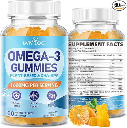 Vegan Omega-3 Gummies - 1600mg with 600mg EPA & 400mg DHA. High Absorption Formula. Delicious Orange Flavor - 60 Gummies