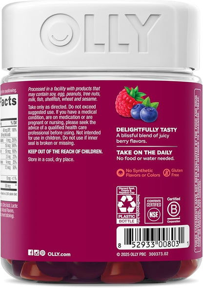 OLLY Women's Daily Multivitamin Gummy, Vitamins A, D, C, E, Biotin, Folic Acid, Adult Chewable Vitamin, Berry Flavor, 65 Day Supply - 130 Count