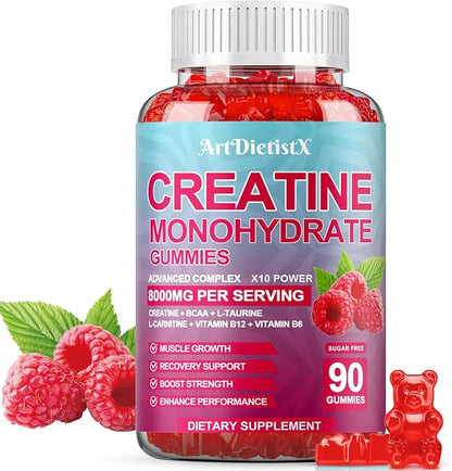 Creatine Monohydrate 8000mg Gummies with BCAA, L-Carnitine, Taurine & Vitamin B12 - Pre Workout Supplement for Muscle Growth, Strength & Energy, Raspberry Flavor Gummies, 90 Count for Men & Women