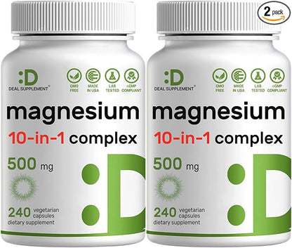 Magnesium Complex 500mg, 480 Veggie Capsules – Pack of 2 | 10-in-1 Glycinate, Citrate, Malate, Oxide, & More – 100% Chelated for Easy Absorption – Essential Mineral Supplement – Non-GMO