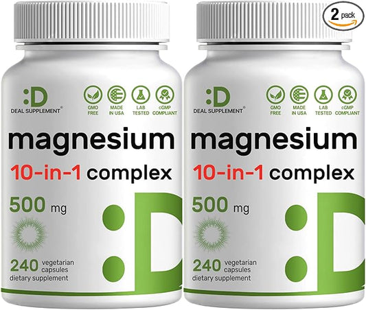 Magnesium Complex 500mg, 480 Veggie Capsules – Pack of 2 | 10-in-1 Glycinate, Citrate, Malate, Oxide, & More – 100% Chelated for Easy Absorption – Essential Mineral Supplement – Non-GMO