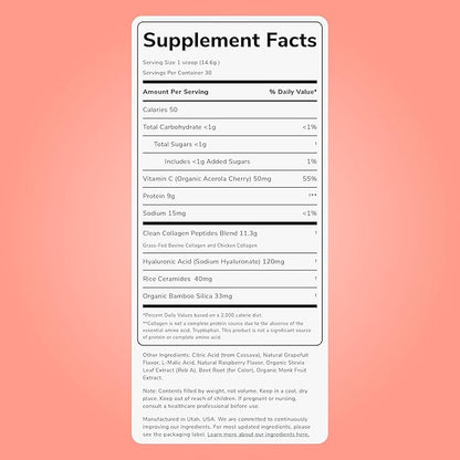 Clean Simple Eats Collagen Powder + Beauty Blend, Ruby Red Raspberry, Hydrolyzed Collagen Peptides from Grass Fed Bovine & Chicken, Hyaluronic Acid for Hair, Skin, Nail & Joint Support, 30 Servings