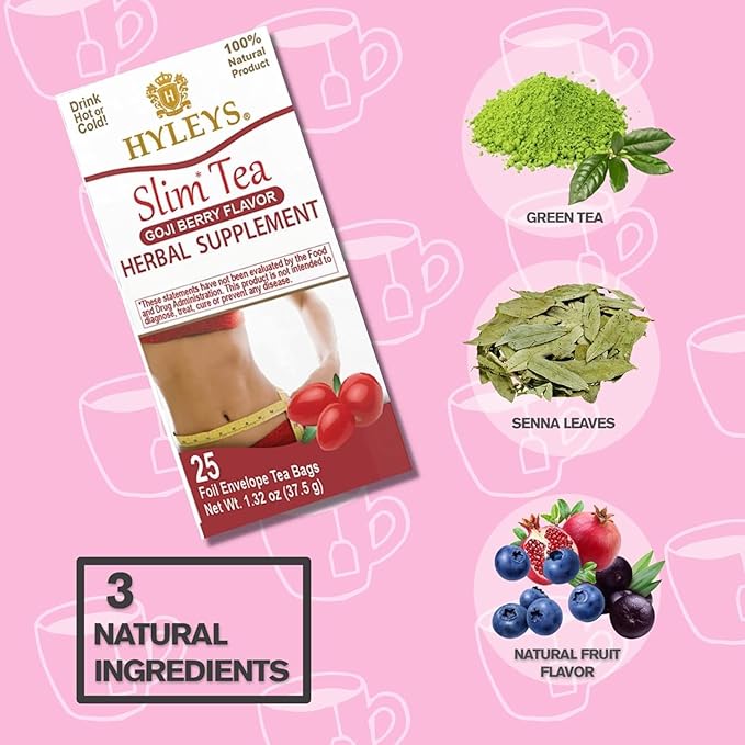 Hyleys Slim Tea Weight Loss Herbal Supplement with Goji Berry - Cleanse and Detox - 50 Tea Bags