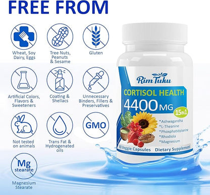 Cortisol Supplements for Women & Men -15-in-1 Cortisol Detox for Women, Cortisol Manager & Reducer with Ashwagandha, Rhodiola Rosea Supports Stress Relief, Adrenal Balance, 60 Capsules