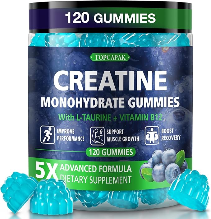 Creatine Gummies for Men & Women - Chewable Creatine Monohydrate Gummies with Taurine & Vitamin B12, 5g Creatine per Serving, Blueberry Flavor, Raspberry-Shaped - 120 Count