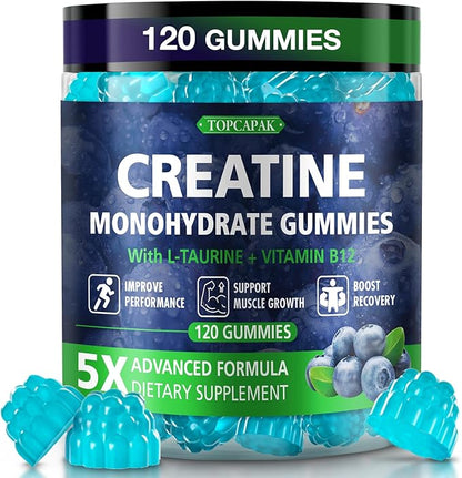 Creatine Gummies for Men & Women - Chewable Creatine Monohydrate Gummies with Taurine & Vitamin B12, 5g Creatine per Serving, Blueberry Flavor, Raspberry-Shaped - 120 Count
