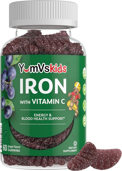 Iron Supplement for Kids – 5 mg Kids Gummies with Vitamin C – Great-Tasting Gummies Grape Flavor – Supports Immune Health & Helps with Iron Deficiency – Vegan, Kosher, Non-GMO – 60 Count