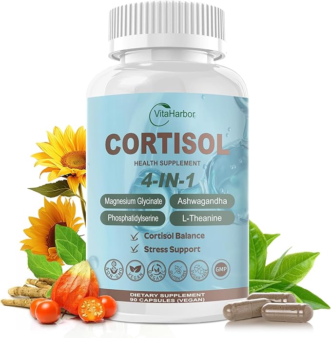 Cortisol Supplement for Women and Men, 4-in-1 Cortisol Reducer with Magnesium Glycinate, Ashwagandha, Phosphatidylserine, L-Theanine, for Relaxation & Calm Support, 90 Veg Caps