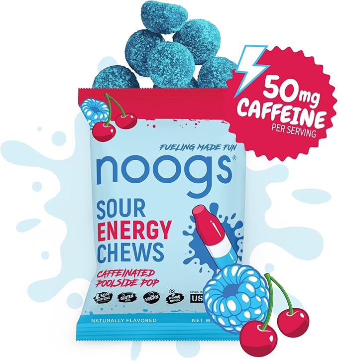 Noogs Sour Energy Chews, Poolside Pop Caffeinated Electrolyte Energy Gummies, 50mg Green Tea Caffeine, Popsicle Flavored Alternative to Running Gels, Vegan & Gluten Free, 12 Pack