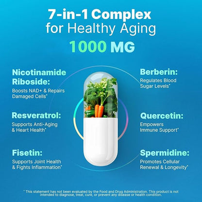 Liposomal Nicotinamide Riboside NR Supplement Resveratrol NAD : Nicotinamide 500mg w/Fisetin, Resveratrol Powder Spermidine Berberine NAD Resveratrol Supplement 500 mg - 60 caps 1 Pack
