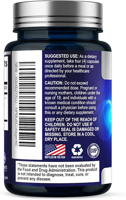 Multi Collagen Peptides Supplement for Hair, Nail, Skin - Type I, II, III, V, X, Collagen Powder Pills - Grass-Fed, Hydrolyzed for Bone and Joint Support for Women & Men, Non-GMO - 60 Capsules