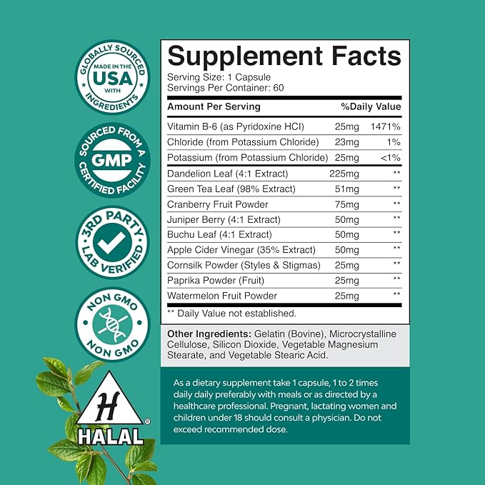 Water Away Supplement for Fast Bloating and Swelling Relief Pure Natural Diuretic Pills Reduce Retention Support Weight Loss Boost Energy Levels - 60 Count