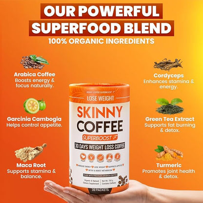 Skinny Coffee Super Boost Weight Loss Coffee, Belly Fat Burner for Women & Men, Sugar-Free Keto Vegan, Reduces Bloating, Supports Energy & Metabolism, Appetite & Cravings Control (30 Servings)