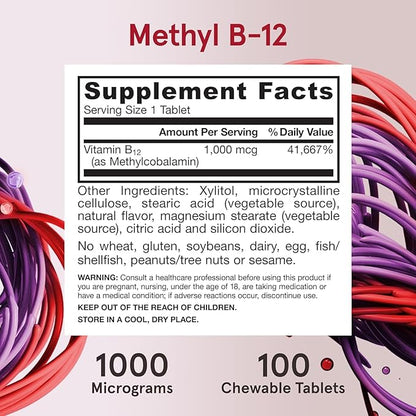 Jarrow Formulas Methyl Vitamin B-12 1000 mcg, 100 Chewable Tablets, Lemon Flavored- Vitamin B12 - Supports Cellular Energy Production, Brain Health & Metabolism - 100 Servings (Pack of 2)