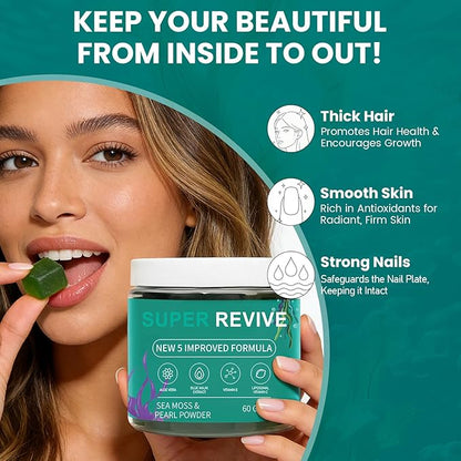 Super Revive Gummies for Hair Loss - Sea Moss Gummies with Vitamin C, E, Aloe Vera & Pearl Powder Glow, Promotes Thicker, Fuller & Stronger Hair - 60 Count