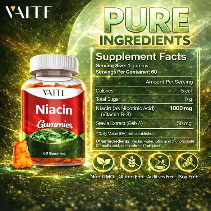 VAITE Niacin (Vitamin B3) 1000mg Supplement – Antioxidant & Energy Support, Nicotinic Acid for Nutrient Conversion & Skin Hydration, Sugar-Free, 60 Vegan Gummies, Non-GMO, Daily Chewable