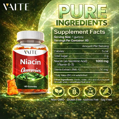 VAITE Niacin (Vitamin B3) 1000mg Supplement – Antioxidant & Energy Support, Nicotinic Acid for Nutrient Conversion & Skin Hydration, Sugar-Free, 60 Vegan Gummies, Non-GMO, Daily Chewable