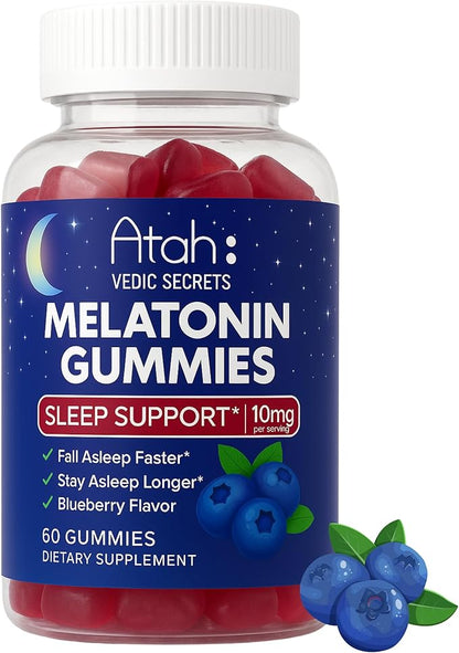 Atah Melatonin Gummies 10mg for Adults | Blueberry Flavor Sleep Support Gummies – Melatonin Supplements, Non-GMO, Gluten Free, Non-Habit Forming – 60 Gummies