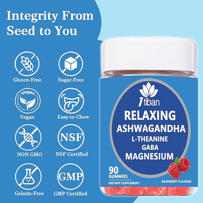 Cortisol Supplements for Women, Calm Magnesium Glycinate Gummies, Ashwagandha, L-Theanine, GABA, D3, B6, Mood Anxiety Sleep Relax, Raspberry Flavour, Vegan 90 Gummies