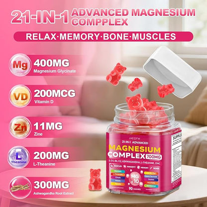 Magnesium Glycinate Gummies 700MG - 21-in-1 Advanced Magnesium Supplement with Ashwagandha, L-Theanine, Zinc, Vitamin - Sugar Free Magnesium Gummies for zzZ, Focus & Relaxation, for Women, Men & Kids