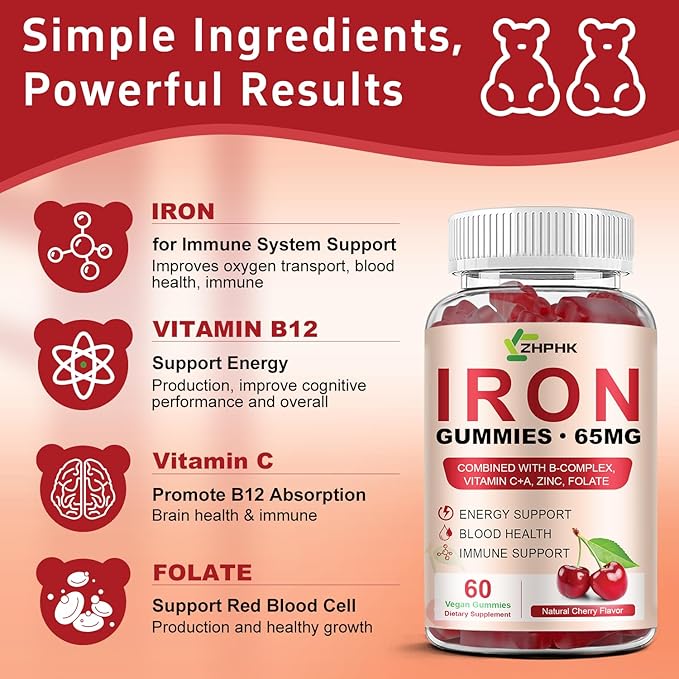ZHPHK Iron Gummies Supplement for Women, Men & Kids, Iron 65mg with 250mg Vitamin C B6 B12 Folate Healthy Blood, Energy & Immune Support Gentle on Stomach Ferrous Fumarate, 120 Count