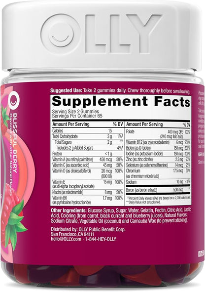 OLLY Women's Daily Multivitamin Gummy, Vitamins A, D, C, E, Biotin, Folic Acid, Adult Chewable Vitamin, Berry Flavor, 65 Day Supply - 130 Count